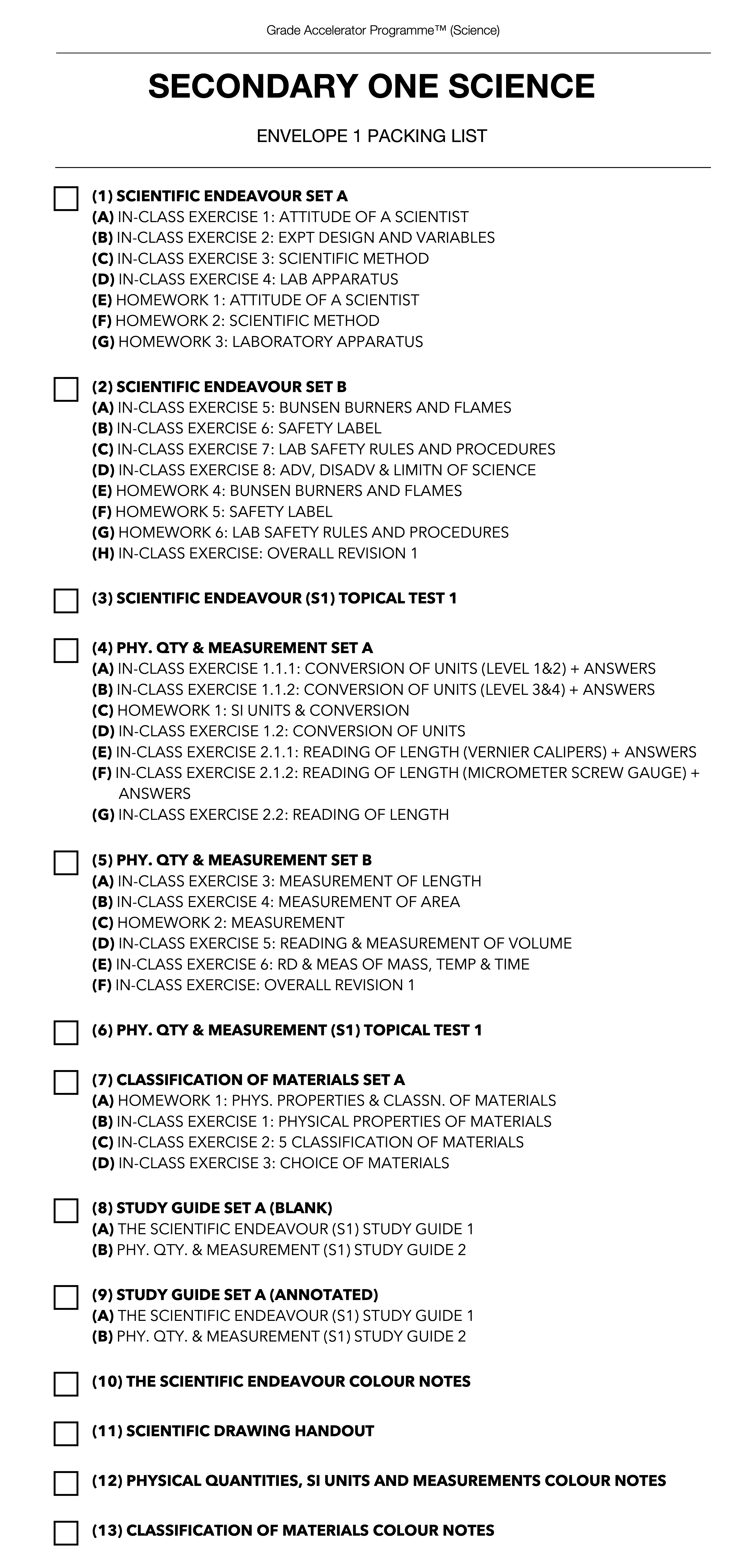 [2022] [S1 GAP] Materials Packing List - The Pique Lab